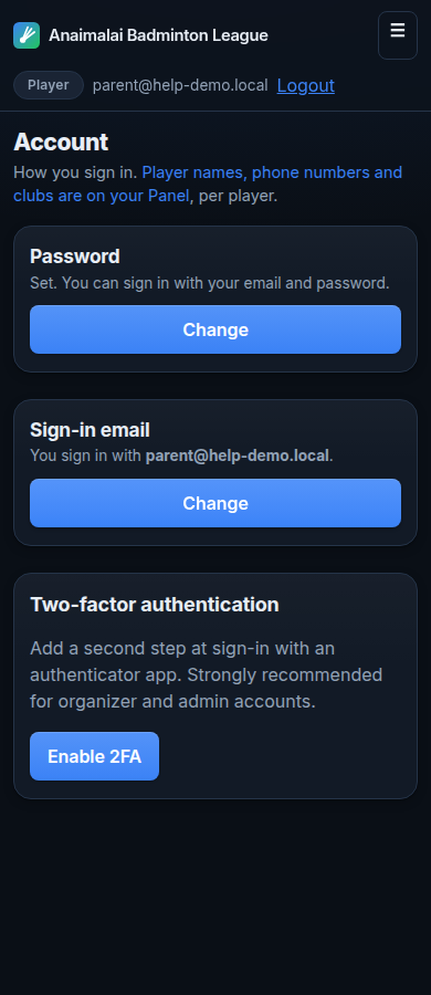 The account page, showing the sign-in email beside the password and two-factor cards.