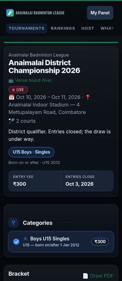 A tournament page marked LIVE, with a link to the venue board and the draw below.